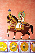Indien, Rajasthan, Detail eines Freskos; Dungarpur, Juna Mahal Palast