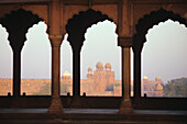 India, View of Red Fort from Jama Masjid (Mosque); Old Delhi