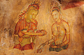 Sri Lanka, Ancient painting on cave wall; Sigiriya Rock
