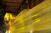 Thailand, Bangkok, Wat Po, Liegender Buddha, Blick von den Füßen auf die Goldstatue