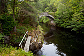Ein Holzsteg und eine Steinbrücke, die einen ruhigen Fluss überqueren; Argyll Schottland