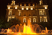 Montreal City Hall And A Water Fountain Illuminated At Night; Montreal Quebec Canada