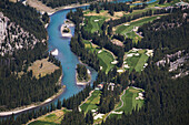 High Angle Of Banff Springs Golf Course Along The Bow River; Banff Alberta Canada