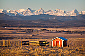 Warmly Lit Red Shack In Field With Wooden Fence And Mountains In The Background With Blue Sky At Sunrise South Of Cochrane; Alberta Canada