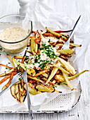 Loaded mixed fries with mustard sauce