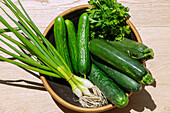 White spring onions, parsley, cucumbers and zucchini