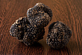 Black truffle on a wooden base