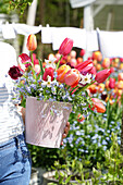 Woman holding striped pot with colorful tulips (Tulipa) and spring flowers