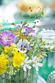 Spring bouquets of wild flowers with dandelion, cranesbill and horned violet