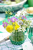 Spring bouquets of wild flowers with dandelion, cranesbill and horned violet