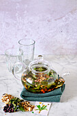 Kidney tea made from willow bark, nettle, juniper berries and dandelion root