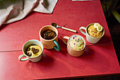 4 Mug Cakes - chocolate cookie, brownie, vanilla, banana