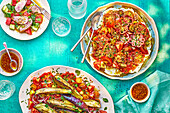 Marinated tomato salad, eggplant tomato salad, duck salad