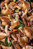 Baked chicken legs with vegetables and bay leaves