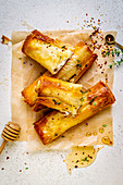 Filo pastry rolls with feta filling from the air fryer
