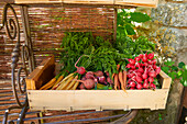 A wooden crate of fresh vegetables