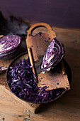 Red cabbage being shredded