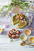 Herb quiche with smoked salmon, soup, and fruit curd chick for Easter
