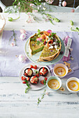Herb quiche with smoked salmon, soup and fruit curd chick for Easter