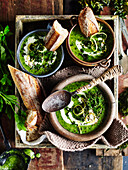 Broccoli and kale soup with lemon creme fraiche