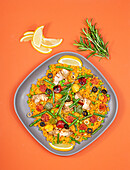 Paella with seitan 'chorizo' and jackfruit 'seafood