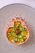 Cucumber with caviar in a spider crab shell