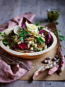 Pasta with nut paste, pear and borlotti beans