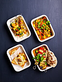 Tempeh chili skewers, tempeh vegetable curry, tempeh roti pie and tempeh curry bowl