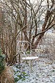 Rustikaler Gartenstuhl im verschneiten Garten vor kahlen Sträuchern, Stillleben