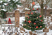 Geschmückter Christbaum im verschneiten Garten mit Gartenbank