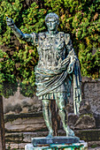 Emperor Augustus statue Augusta Porte, Nimes, Gard, France. Original Nimes gate 16 BC, 1863. Replica Augustus statue located here
