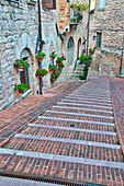 Italy, Umbria, Assisi. Walkway along the streets of Assisi lined with flowering pots.