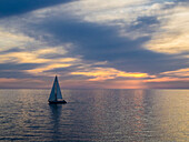 Croatia, Rovinj, Istria. Sailing boat on the Adriatic Sea outside the harbor of Rovinj at sunset.