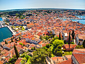Kroatien, Rovinj, Istrien. Stadt Rovinj und Hafen vom Turm der Kathedrale der Heiligen Euphemia aus gesehen.