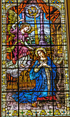 Stained glass Gesu Church, Miami, Florida. Angel Gabriel tells Mary she will have Jesus stained glass built 1920's. Glass by Franz Mayer.