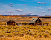 USA, Utah, old wooden barn and shed along highway 39 west of Woodruff