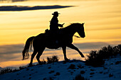 USA, Shell, Wyoming. Hideout Ranch Cowgirl auf dem Pferderücken bei Sonnenuntergang. (PR,MR)