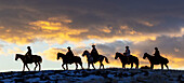 USA, Shell, Wyoming. Hideout Ranch cowboys and cowgirls silhouetted against sunset riding on ridgeline. (PR,MR)