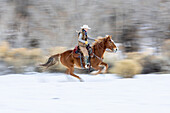 USA, Wyoming. Hideout Horse Ranch, wrangler on horseback in snow. (MR,PR)