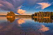 Canada, Manitoba, Paint Lake Provincial Park. Island on Paint Lake at sunrise.