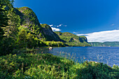 Canada, Quebec, Parc National du Fjord-du-Saguenay. Forested cliffs along the Saguenay River.