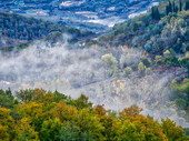 Italien, Toskana. Herbstmorgen mit Nebel in einem toskanischen Tal.