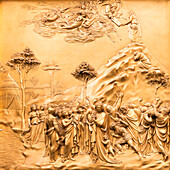 Duomo Santa Maria del Fiore. Golden decorations on the East Door or Gates of Paradise by Lorenzo Ghiberti. Tuscany, Italy.