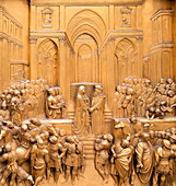 Duomo Santa Maria del Fiore. Golden decorations on the East Door or Gates of Paradise by Lorenzo Ghiberti. Tuscany, Italy.