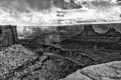 USA, Utah. Black and white image. Stormy canyons from the Bighorn Overlook trail at Dead Horse State Park.