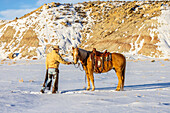 USA, Wyoming. Hideout Horse Ranch, wrangler and horse in snow. (MR,PR)