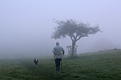 Mann führt Hund auf Wearyall Hill aus