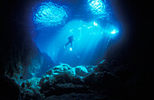 A diver hovers inside the archway as late afternoon sun streams in, Blue Maomao Arch; Poor Knights Islands, New Zealand
