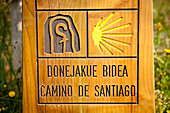 Close-Up Of Camino De Santiago Or The Way Of St James Signs On The Road, Basque Country, Spain