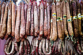 Spanish Sausages And Pepperoni Hanging In Store At Bilbao, Basque Country, Spain